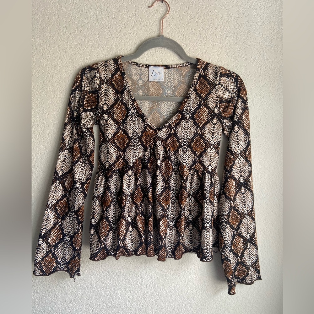 Snakeskin Print Flared Top with Bell Sleeves